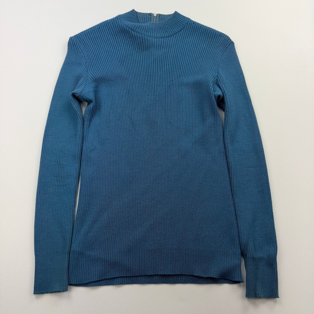 Vintage 60s Sweater Womens 14 Blue Ribbed Wool Made in Hong Kong Zip - Picture 5 of 13